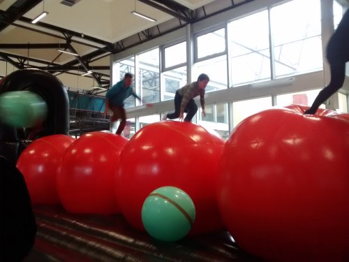 The smaller green balls were for throwing at people trying to traverse the giant red balls.  They got a lot of use.